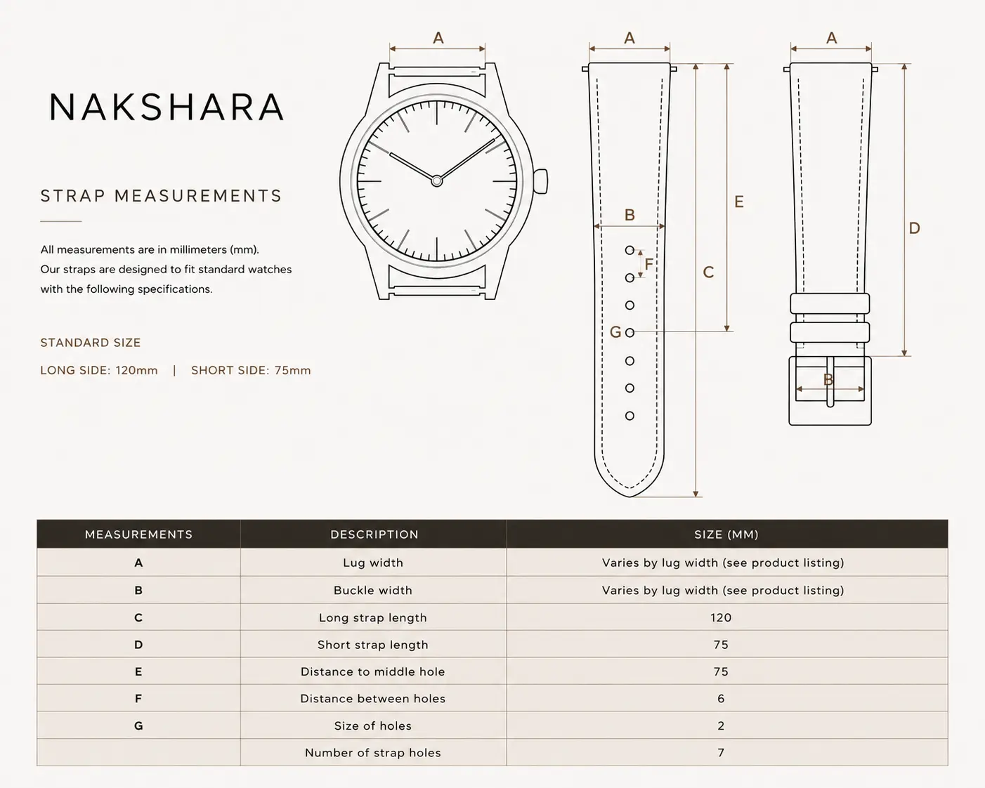 Sizing Guide The Nakshara strap measurement diagram showing lug width, buckle width, strap length, and hole spacing