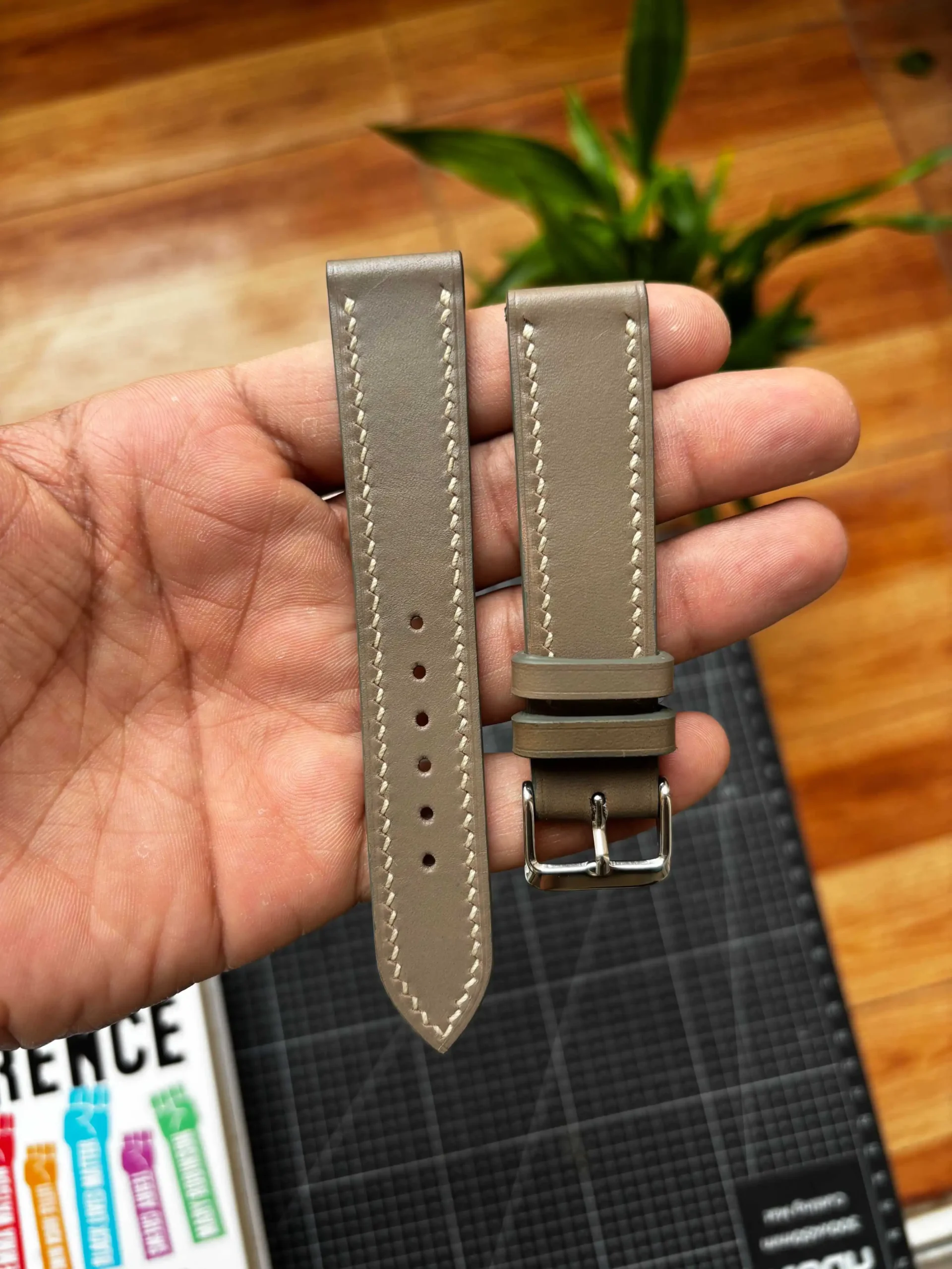 Light Grey Nubuck Strap Nakshara buckle worn on wrist