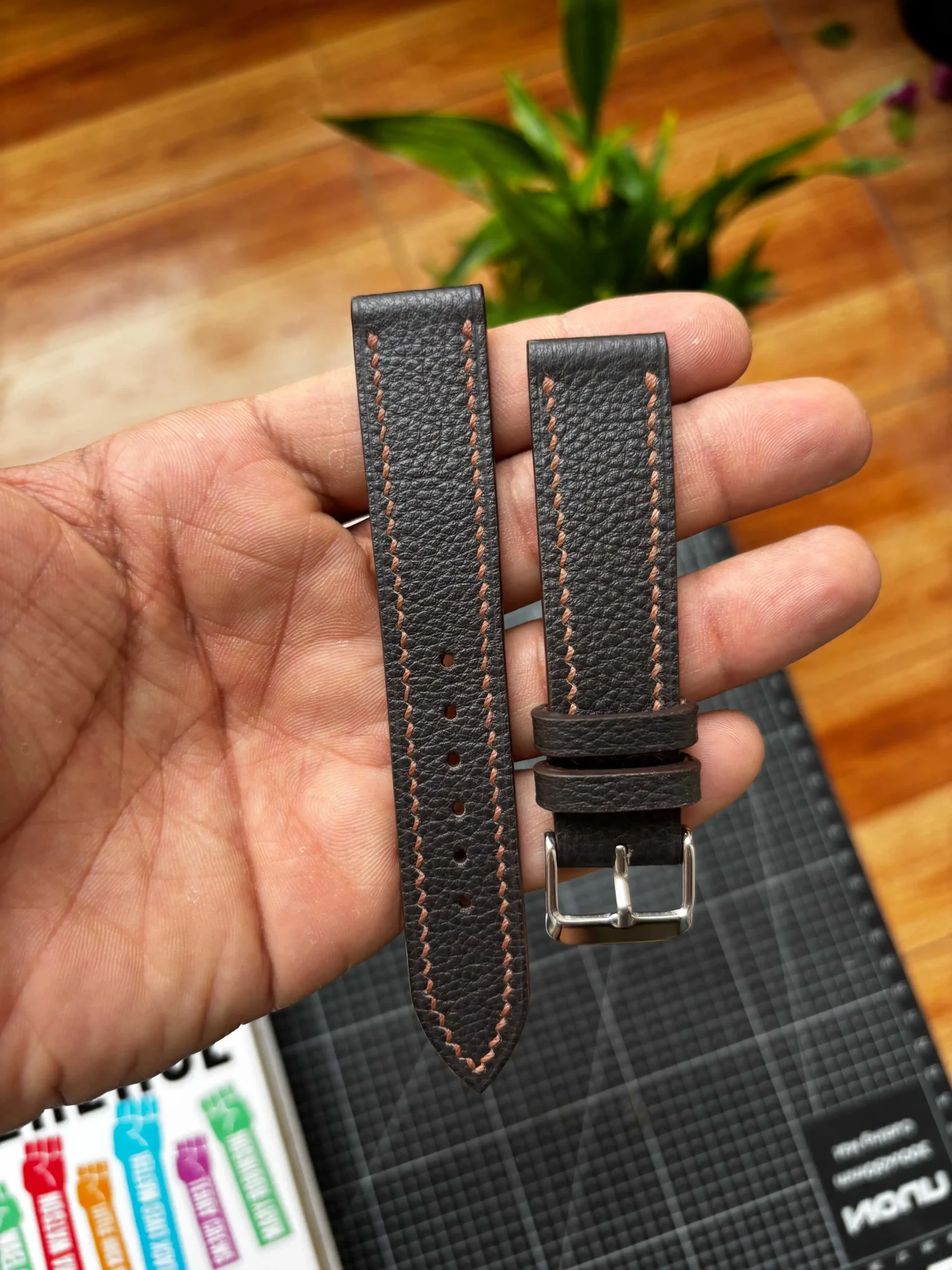 Indian Pebble Leather Strap Dark Brown Nakshara buckle worn on wrist