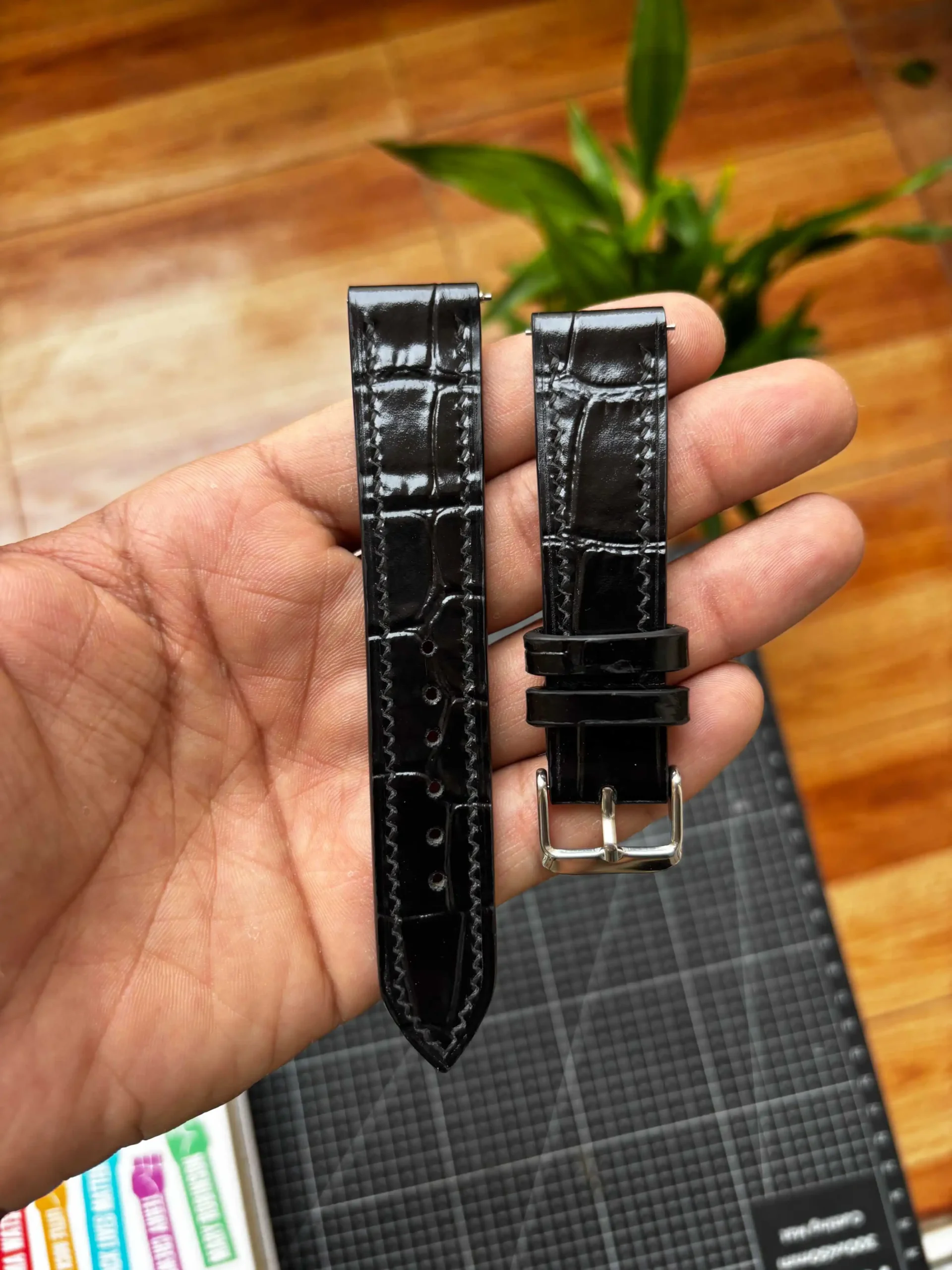 Italian Nero Crocodile Stampato Strap Nakshara buckle worn on wrist