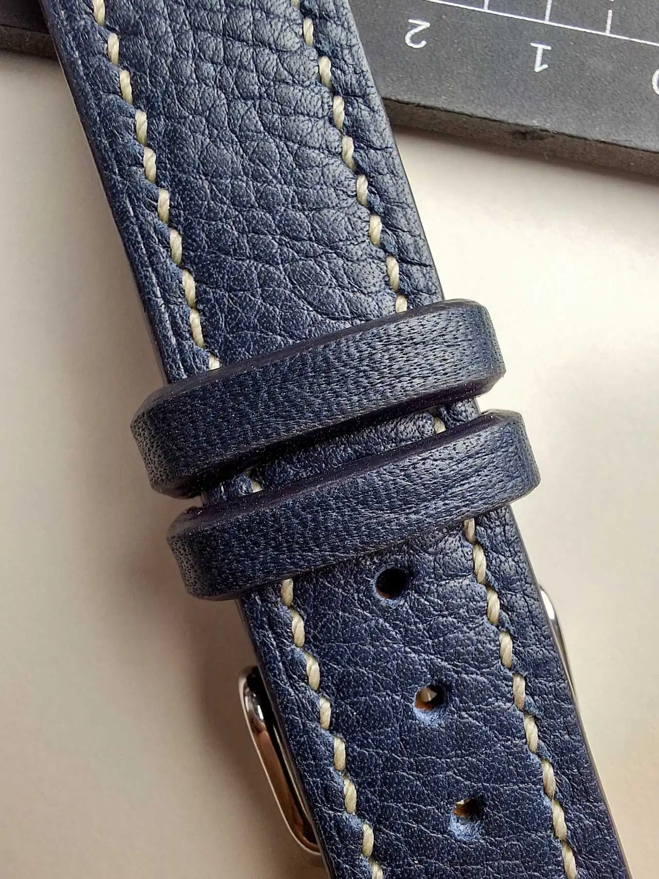 premium navy blue togo leather watch strap terra lining nakshara detail premium navy blue togo leather watch strap terra lining nakshara detail